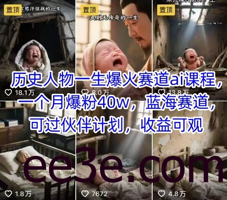 历史人物一生爆火赛道ai课程，一个月爆粉40w，蓝海赛道，可过伙伴计划，收益可观