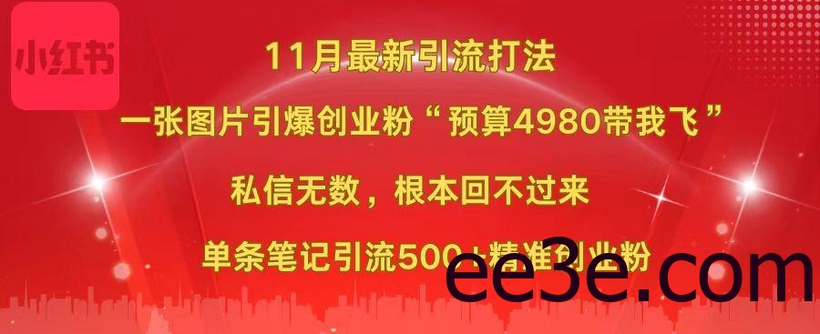 小红书11月最新图片打法，一张图片引爆创业粉“预算4980带我飞”，私信无数，根本回不过来，单条笔记引流500+精准创业粉