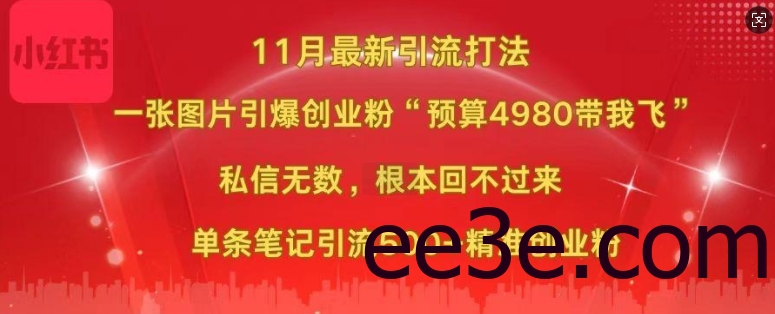 小红书11月最新图片打粉，一张图片引爆创业粉，“预算4980带我飞”，单条引流500+精准创业粉